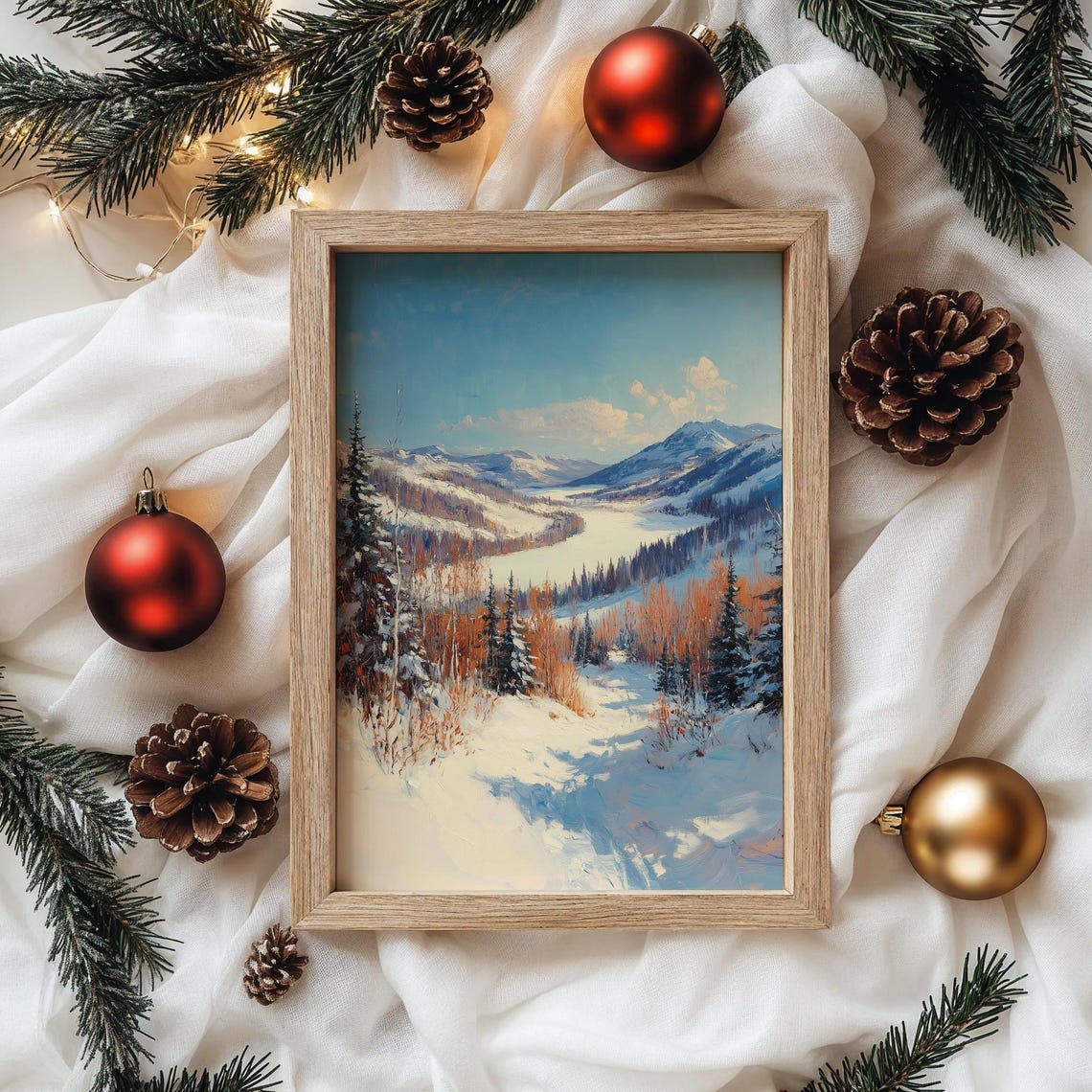 Sunny Snowy Mountain Valley with Frozen Lake and Pines Poster - Image 4