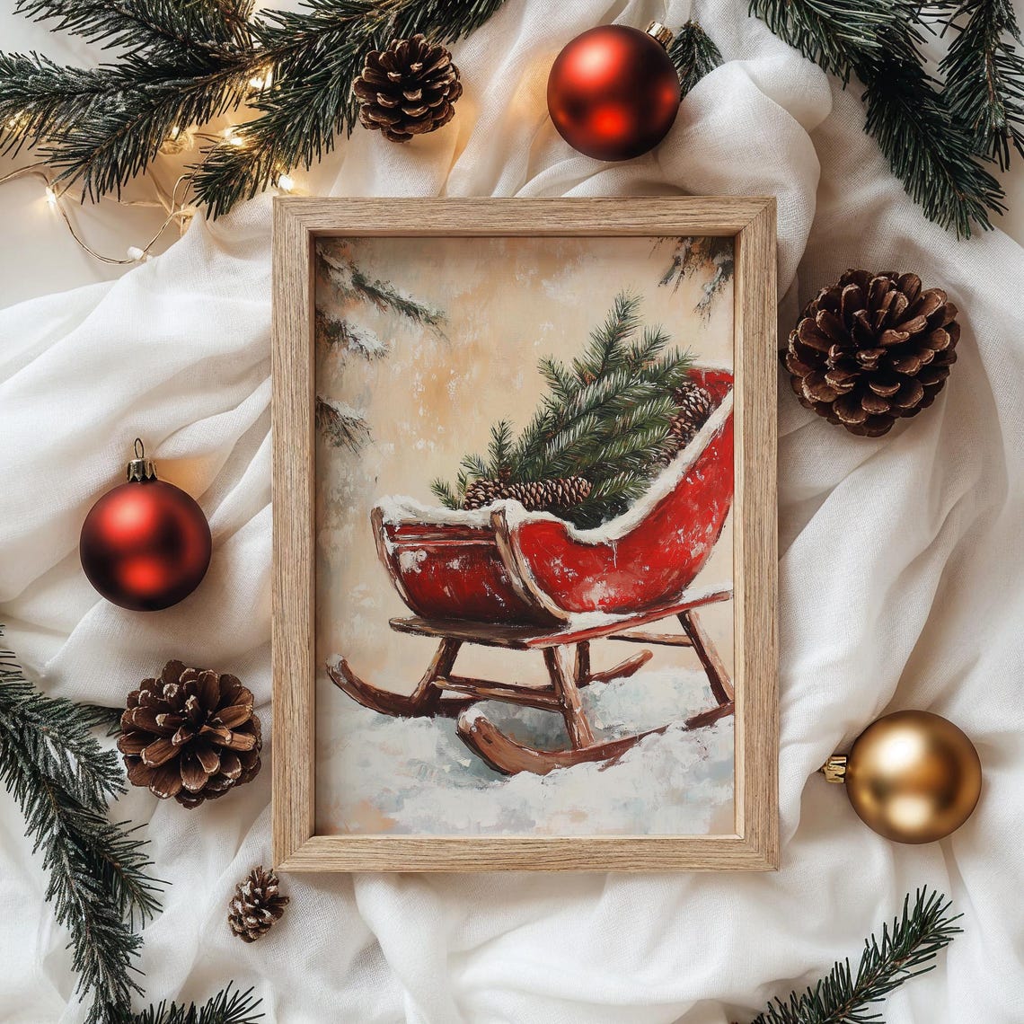 Red Vintage Sleigh Filled With Pine Branches and Pinecones Snow Poster - Image 4