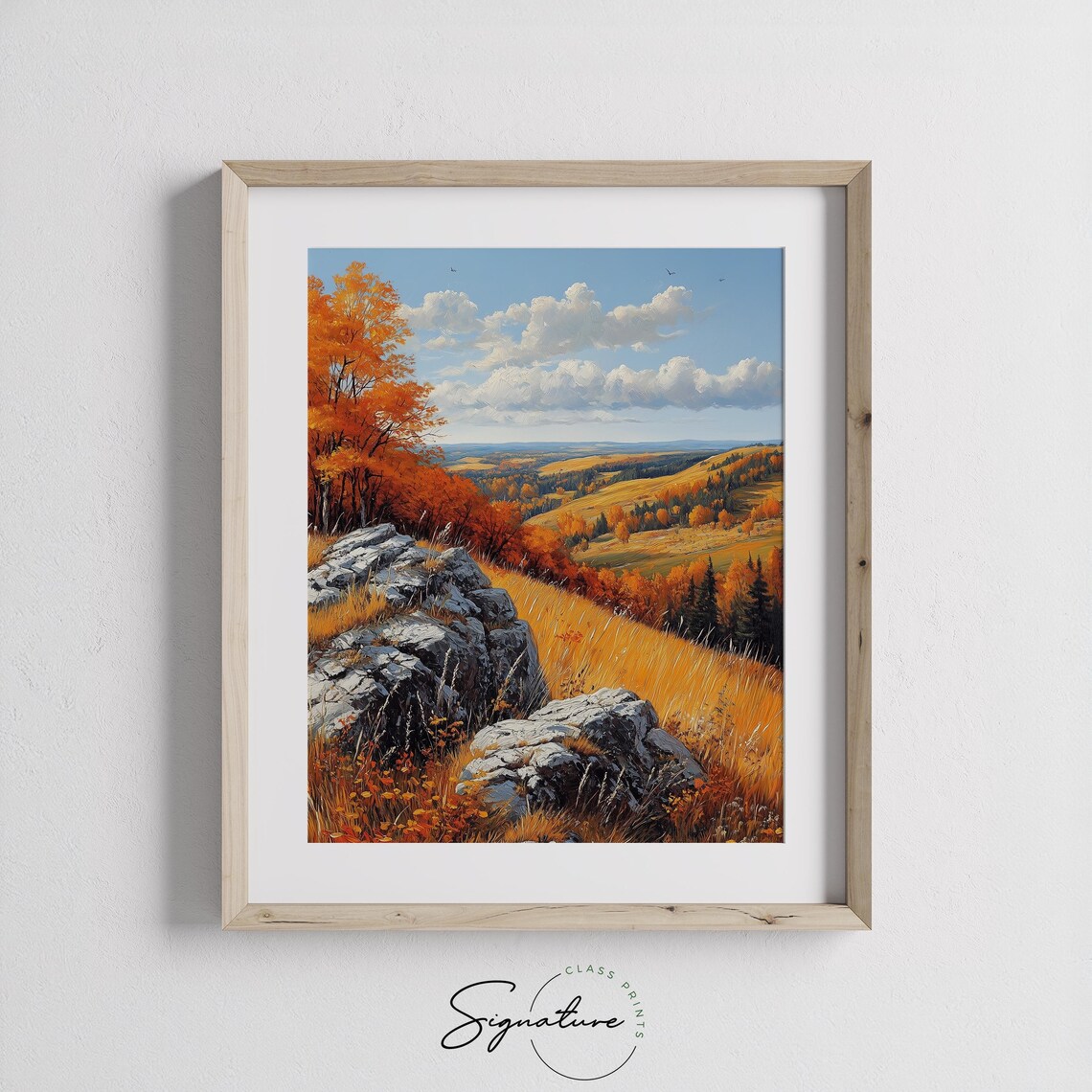 Rocky Hillside With Orange Birches Overlooking Autumn Valley Vista Wall Art - Image 3