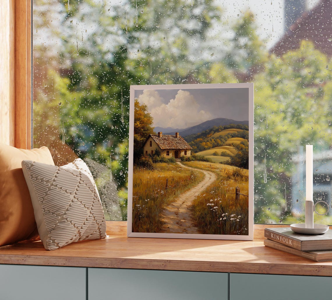 Rustic Stone Cottage Golden Meadow Wildflowers Rolling Hills Poster - Image 2