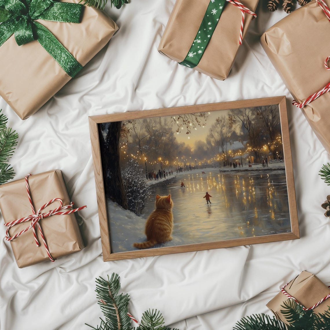 Orange Cat Watching Children Ice Skate On A Moonlit Pond Poster - Image 2