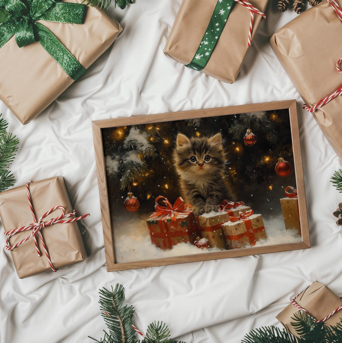 Fluffy Tabby Kitten Sitting With Christmas Gifts Under Tree Poster - Image 2