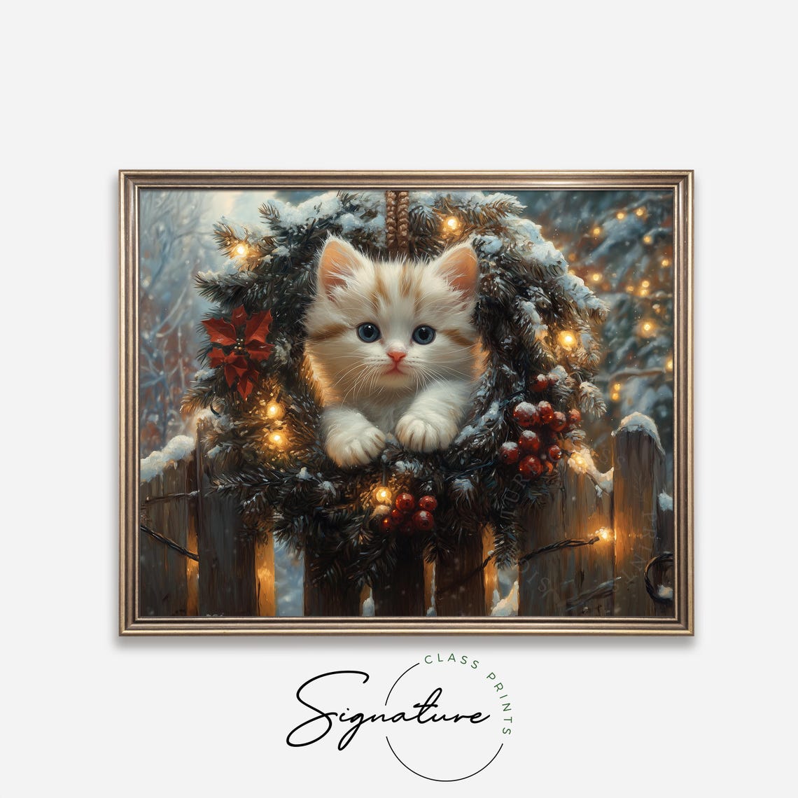 White Kitten Nestled in a Lit Christmas Wreath on Wooden Fence Poster - Image 4