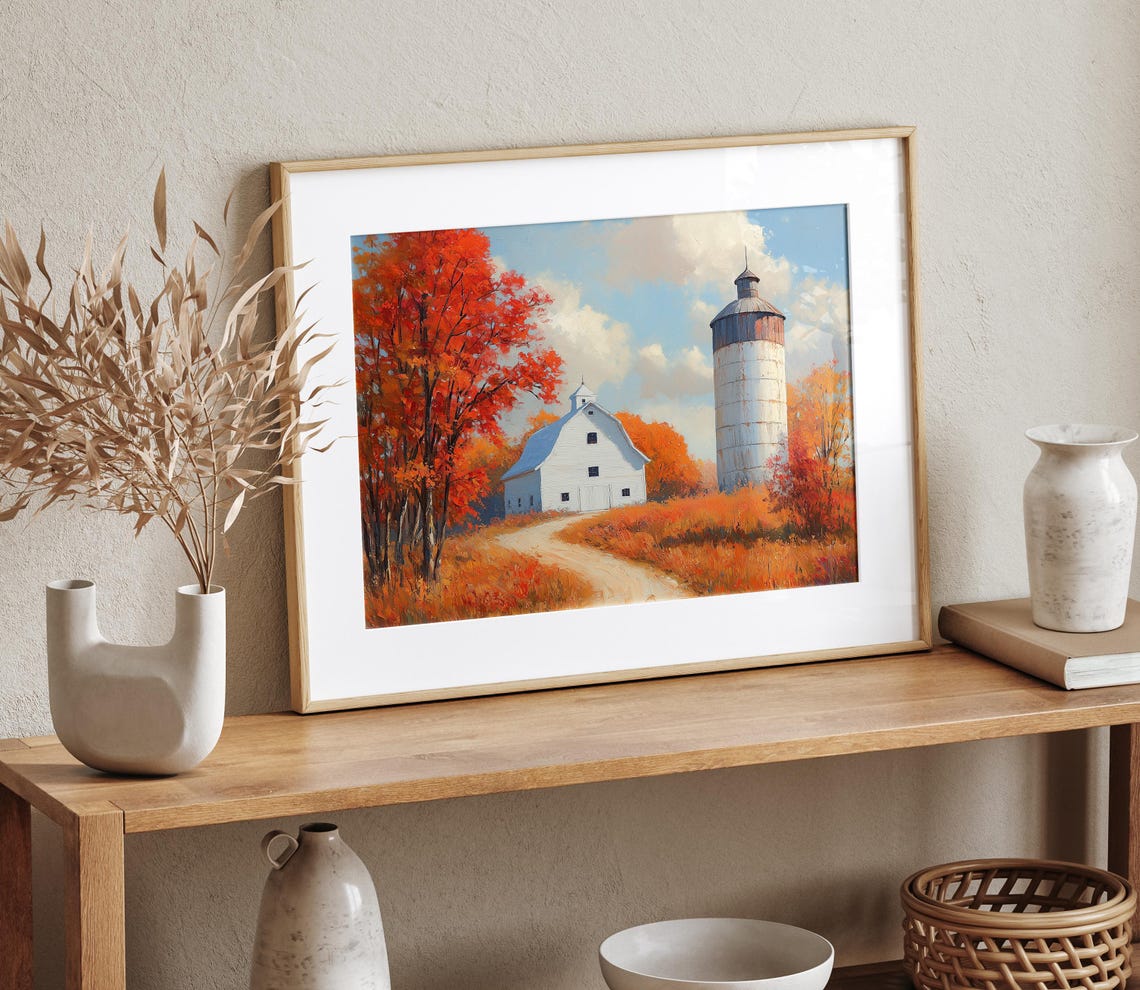 White Barn And Silo Surrounded By Fiery Red Autumn Trees Poster - Image 4
