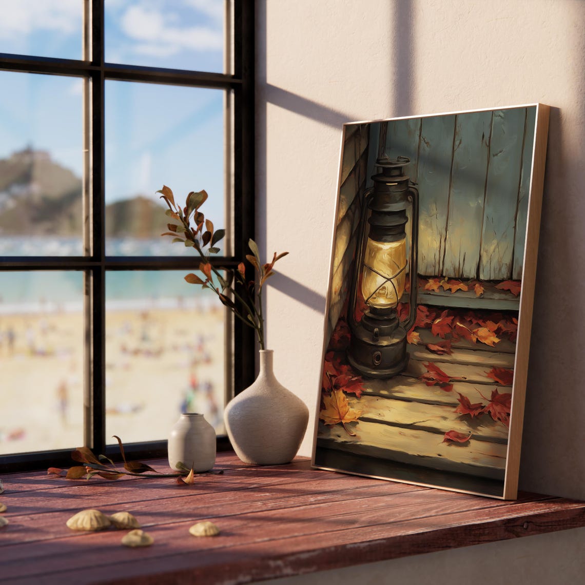 Lit Vintage Lantern On Wooden Porch With Red Autumn Leaves Poster - Image 5