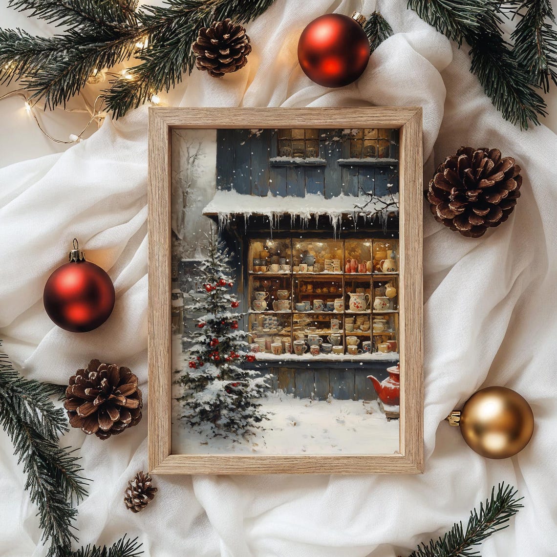 Cozy Winter Shop Window with Mugs and Teapots Snow Scene Poster - Image 4