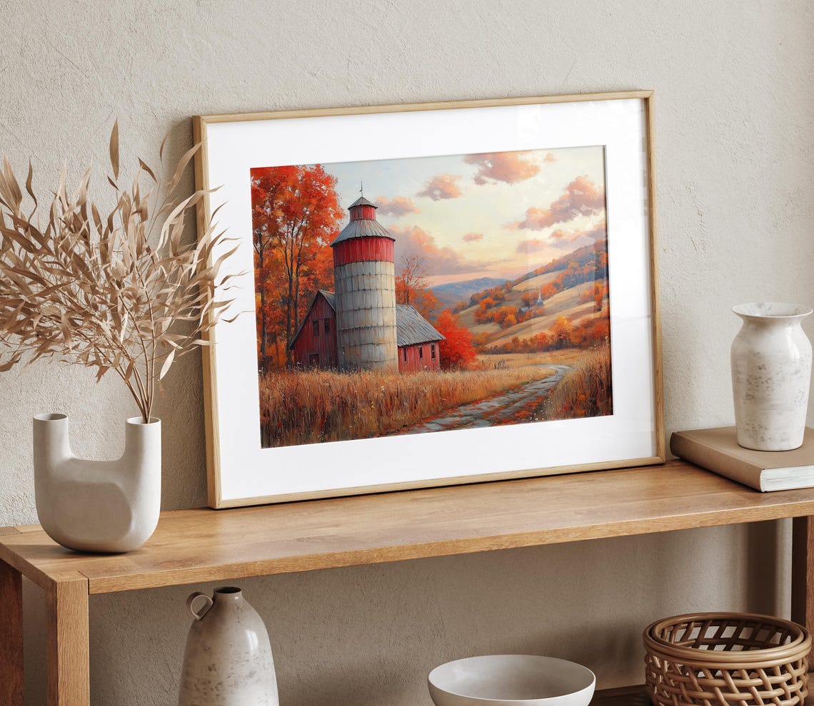 Red Barn And Silo Autumn Farm Rolling Hills Fall Landscape Wall Art - Image 4