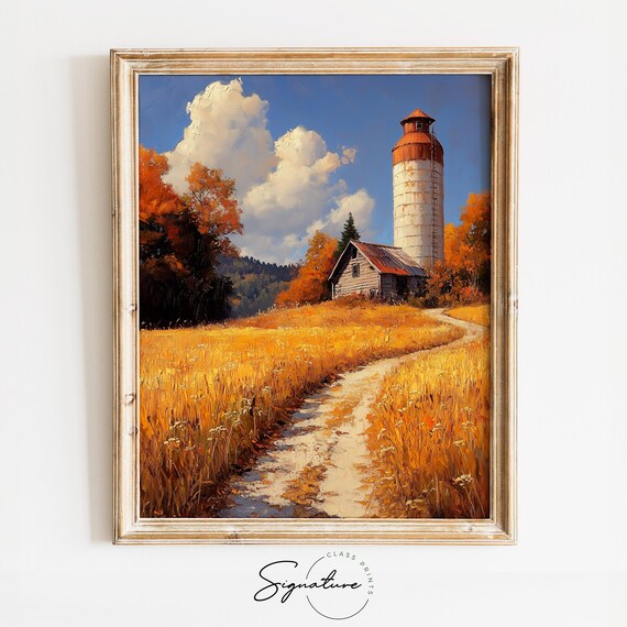 White Silo With Red Top and Wooden Barn on Golden Autumn Farm Road Wall Art