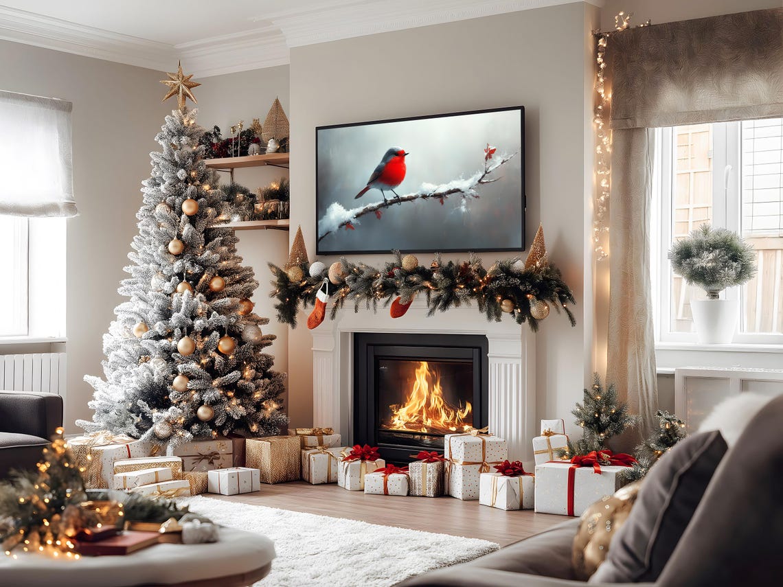 European Robin on Snowy Branch Bright Red Winter Bird Art Poster - Image 2
