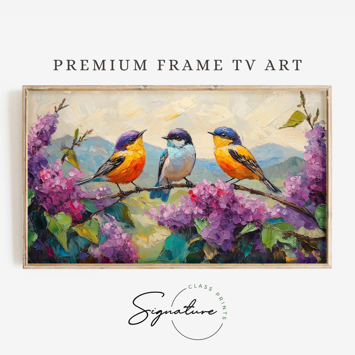 Three Colorful Songbirds On Lilac Branch Impasto Spring Poster