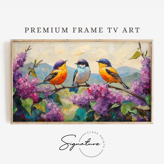 Three Colorful Songbirds On Lilac Branch Impasto Spring Poster