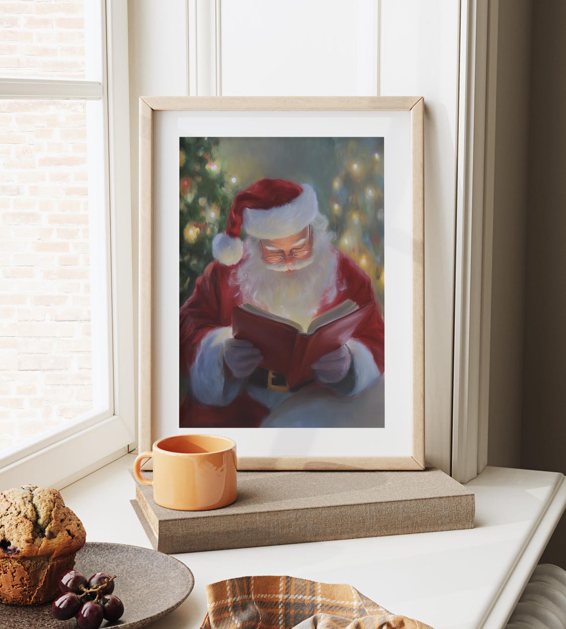 Santa Claus Reading Book Christmas Lights Painting Holiday Poster - Image 2