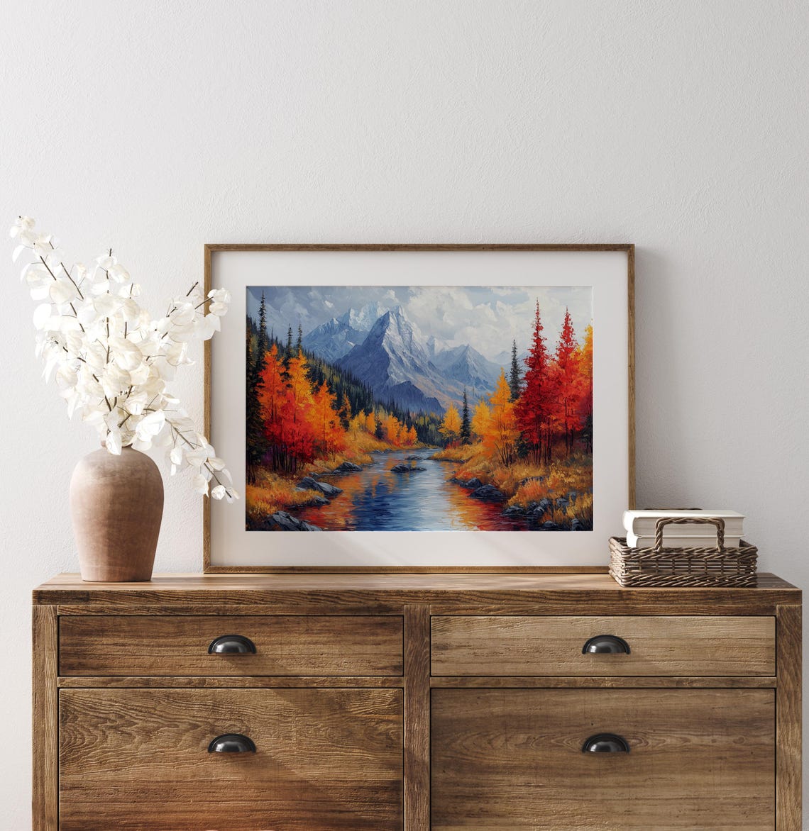 Autumn River Snowy Peak Fall Reflection Mountain Landscape Wall Art - Image 3