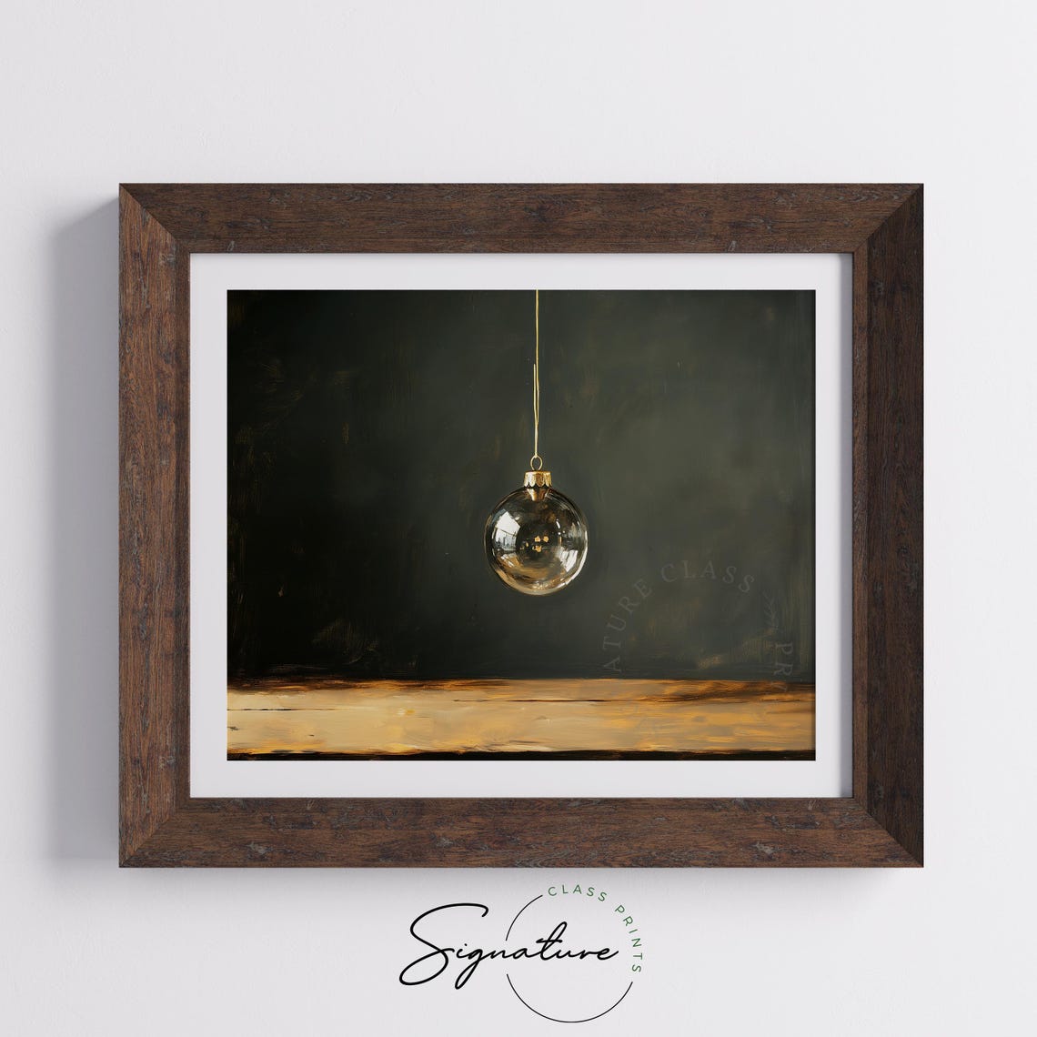 Single Amber Glass Christmas Bauble Hanging On A Dark Wall Poster - Image 5
