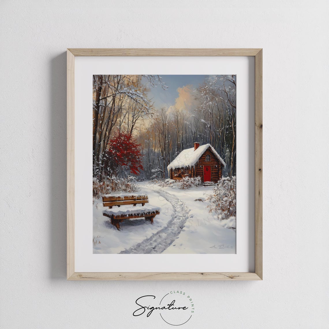 Red Log Cabin in Snowy Woods with Wooden Bench Winter Scene Poster - Image 2