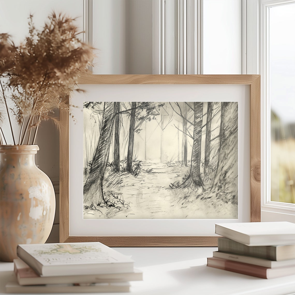 Secluded Forest Clearing Charcoal Woodland Path Sketch Poster - Image 2