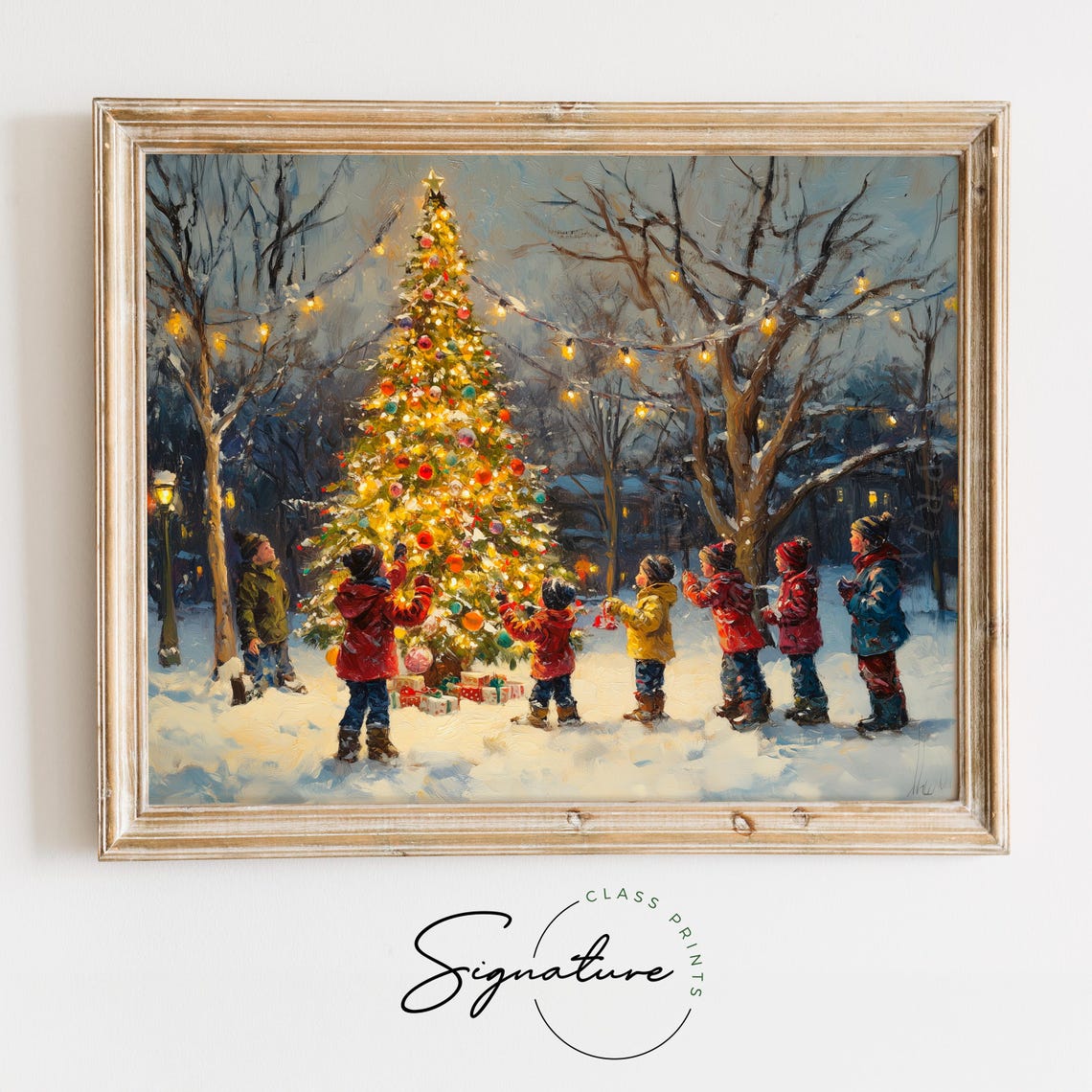 Seven Children Decorating a Big Outdoor Christmas Tree in Snow Poster