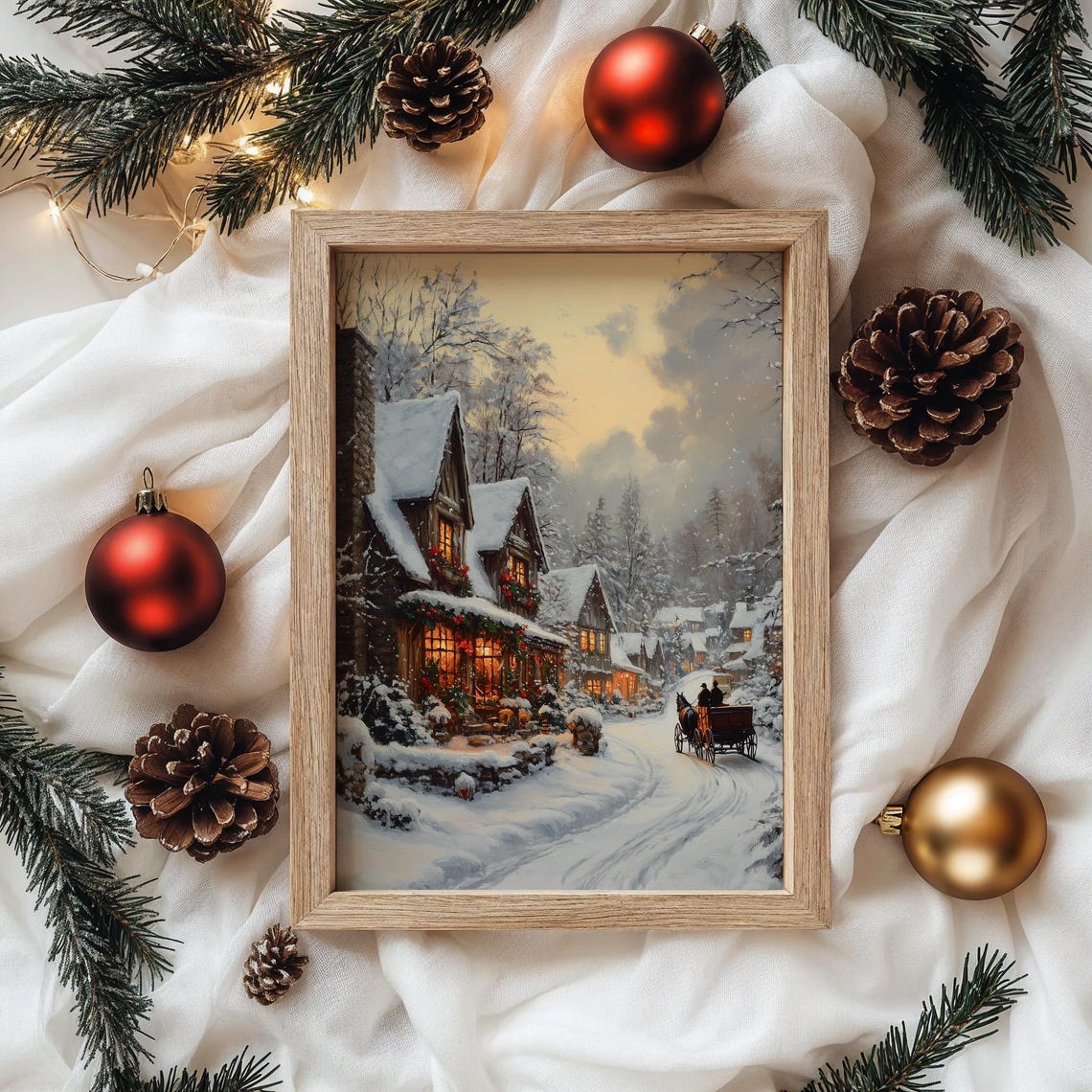 Christmas Village Street with Horse Carriage on Snowy Night Poster - Image 4