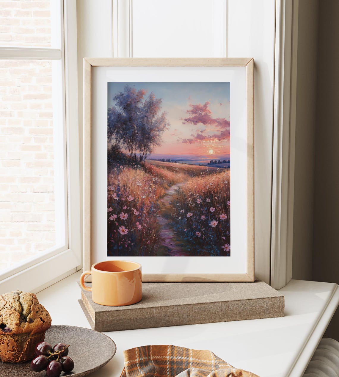 Rolling Meadow Path With Blooming Pink Flowers Romantic Sunset Poster - Image 6