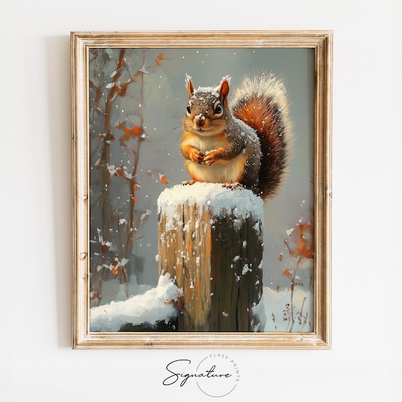 Red Squirrel Snowy Tree Stump Winter Woodland Animal Oil Painting Poster