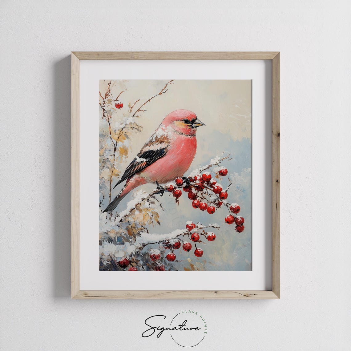 Pine Grosbeak On Snowy Berry Branch Rosy Winter Bird Art Poster - Image 3