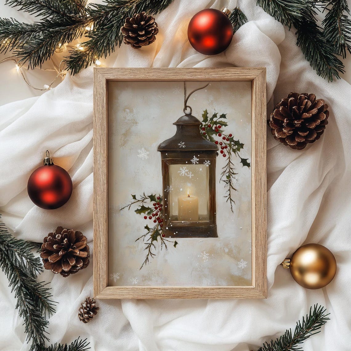 Hanging Lantern With Holly And Snowflakes Vintage Christmas Poster - Image 4