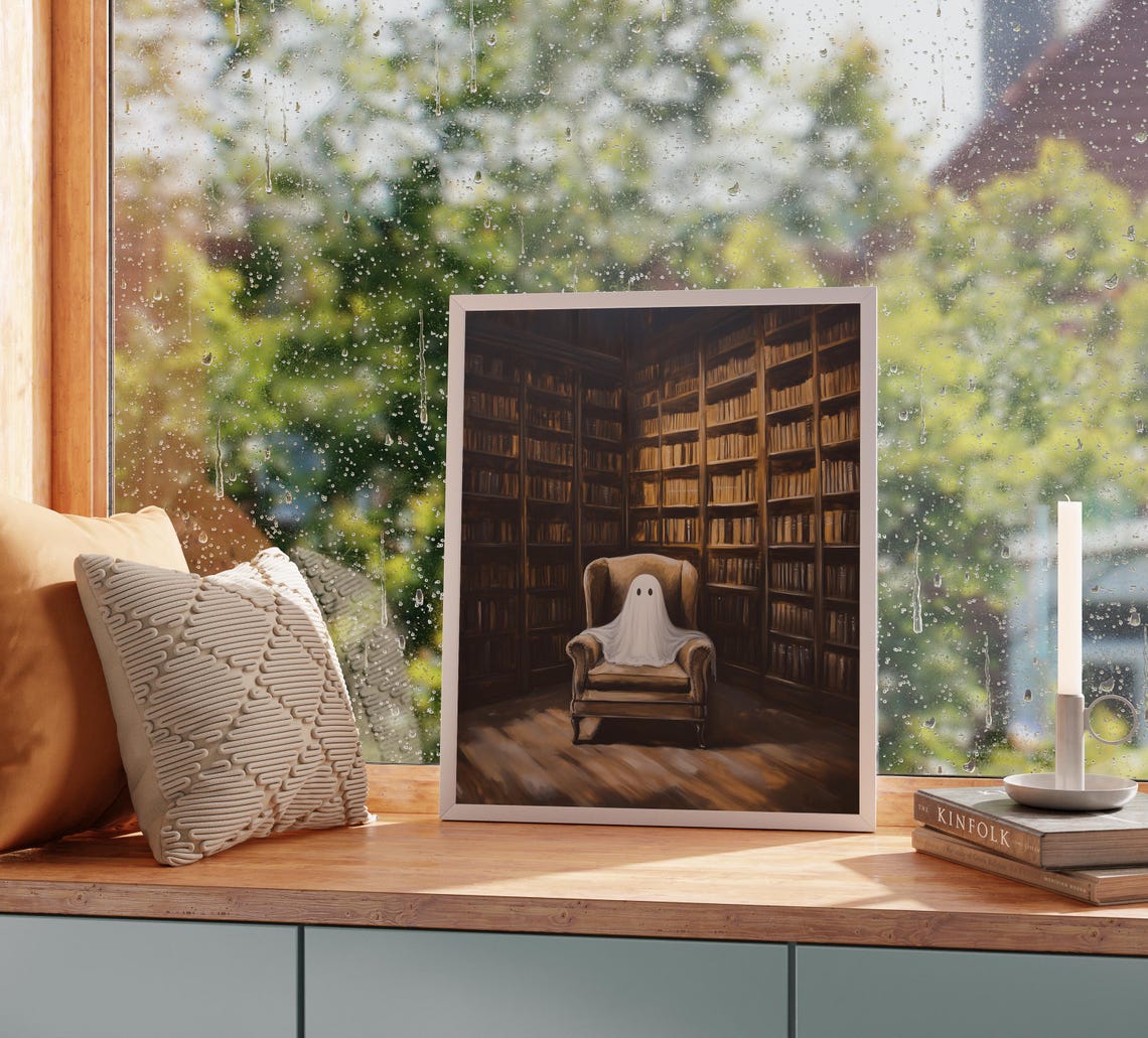 Cute Ghost Cozy Library Armchair Vintage Bookshelves Art Poster - Image 2