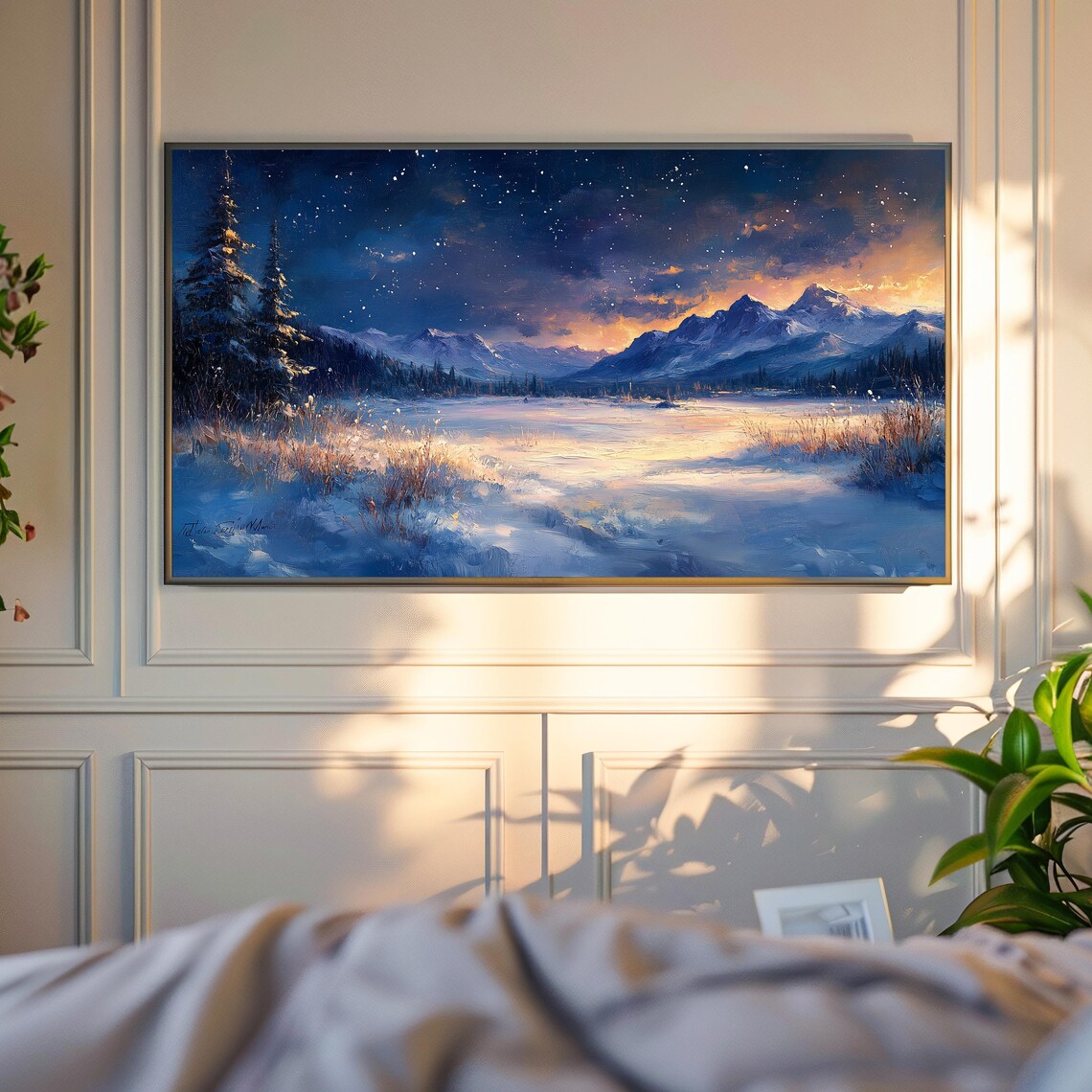 Starry Night Over Snowy Meadow With Glowing Mountain Horizon Art Poster - Image 4