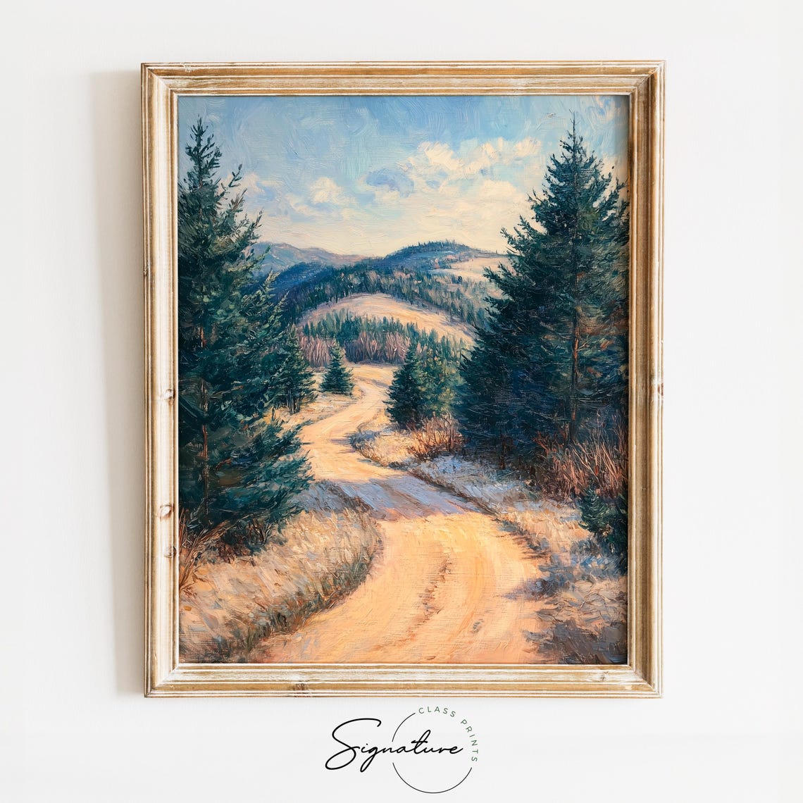 Winding Golden Road Through Evergreen Forest Landscape Poster