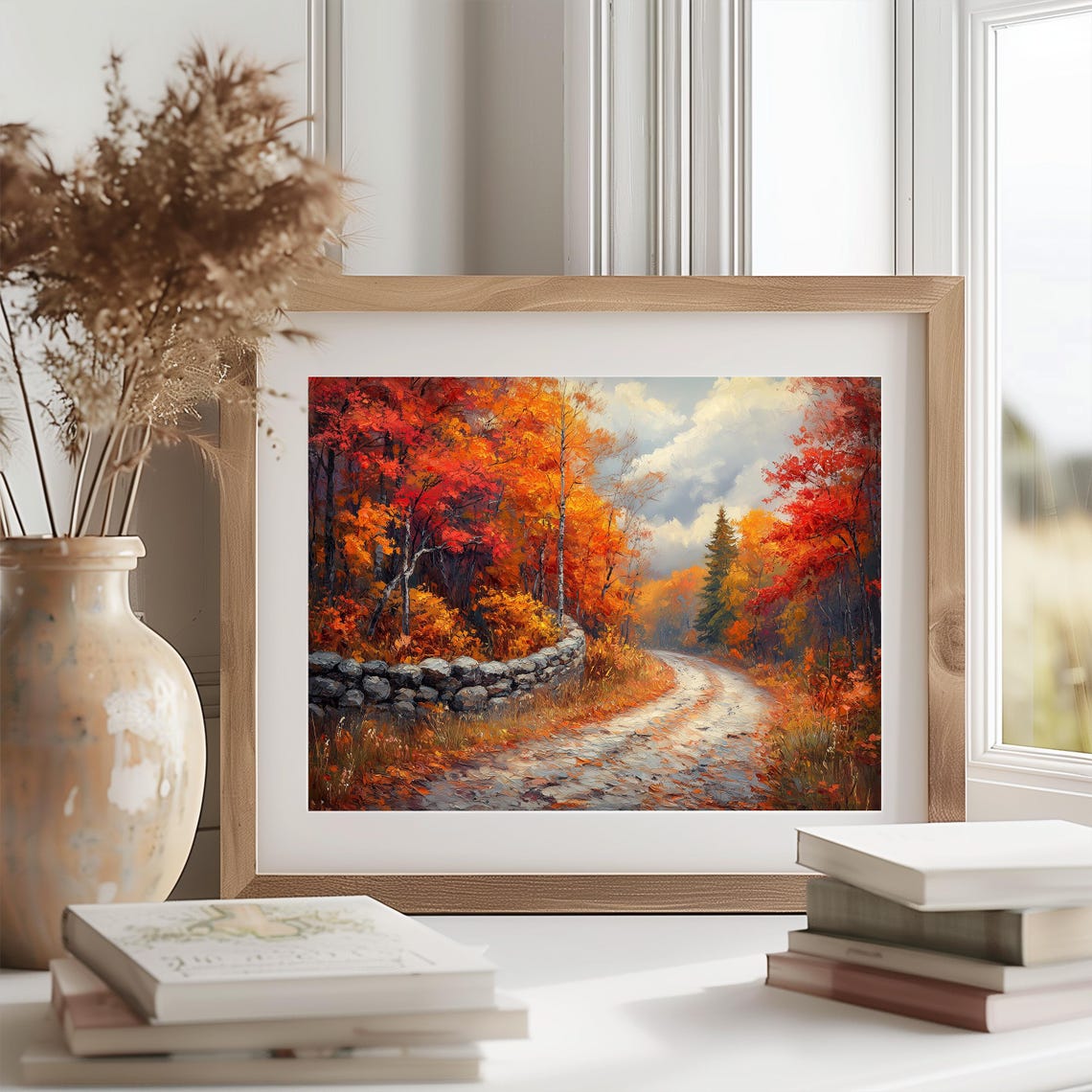 Stone Wall Country Road Crimson Maple Autumn Woods Painting Print - Image 2