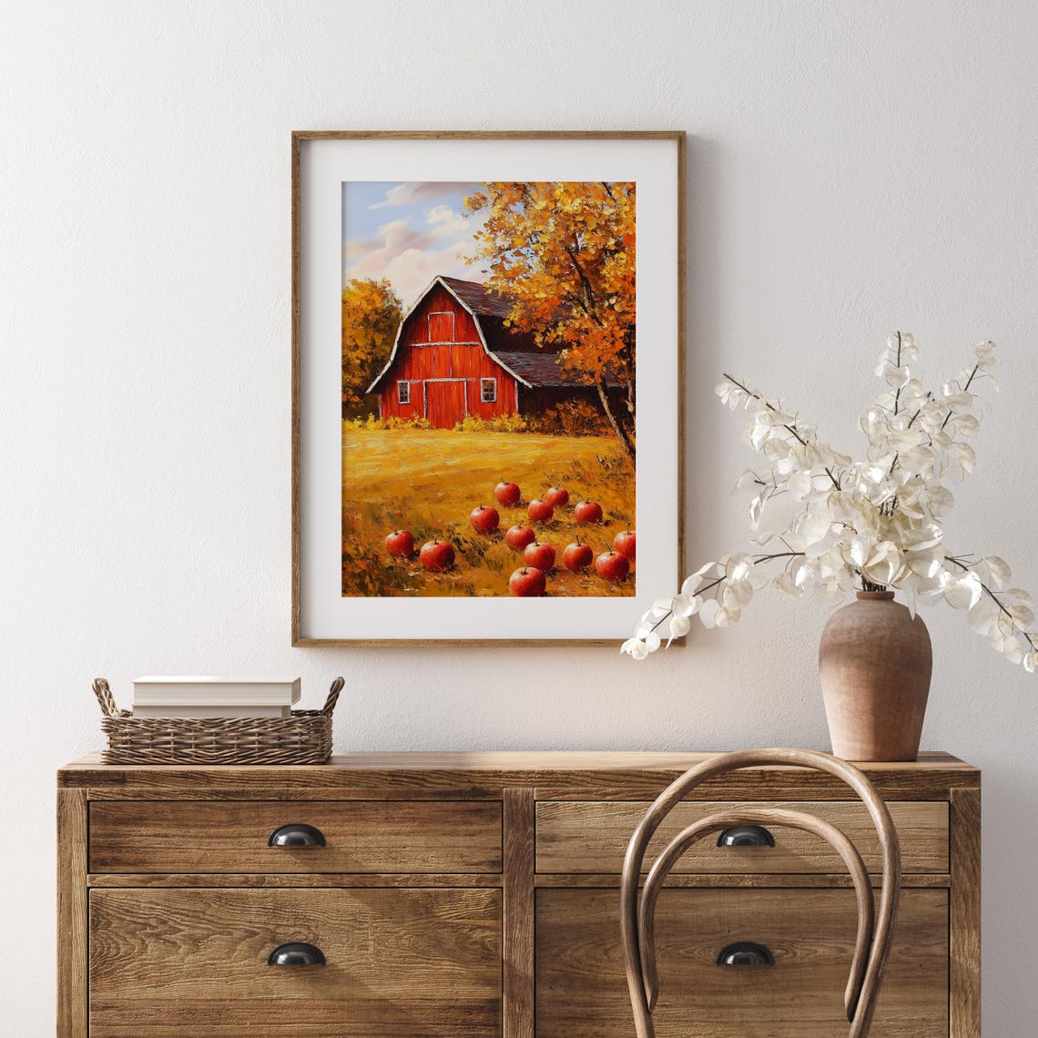 Red Barn with Fallen Apples in Bright Autumn Orchard Scene Poster - Image 5