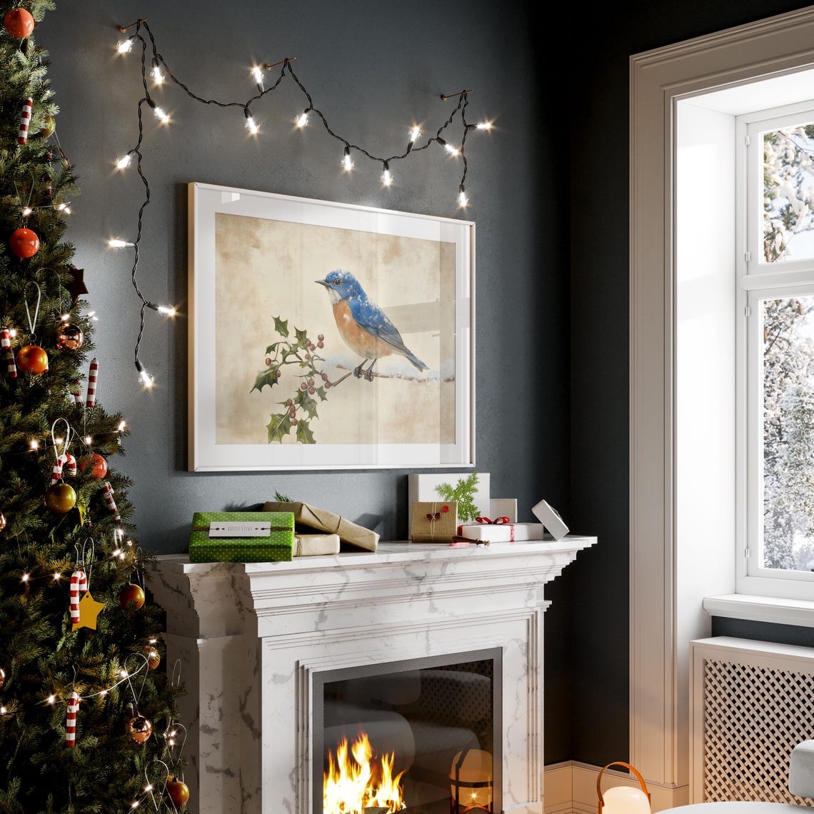 Western Bluebird on Snowy Branch With Red Holly Berries Poster - Image 2