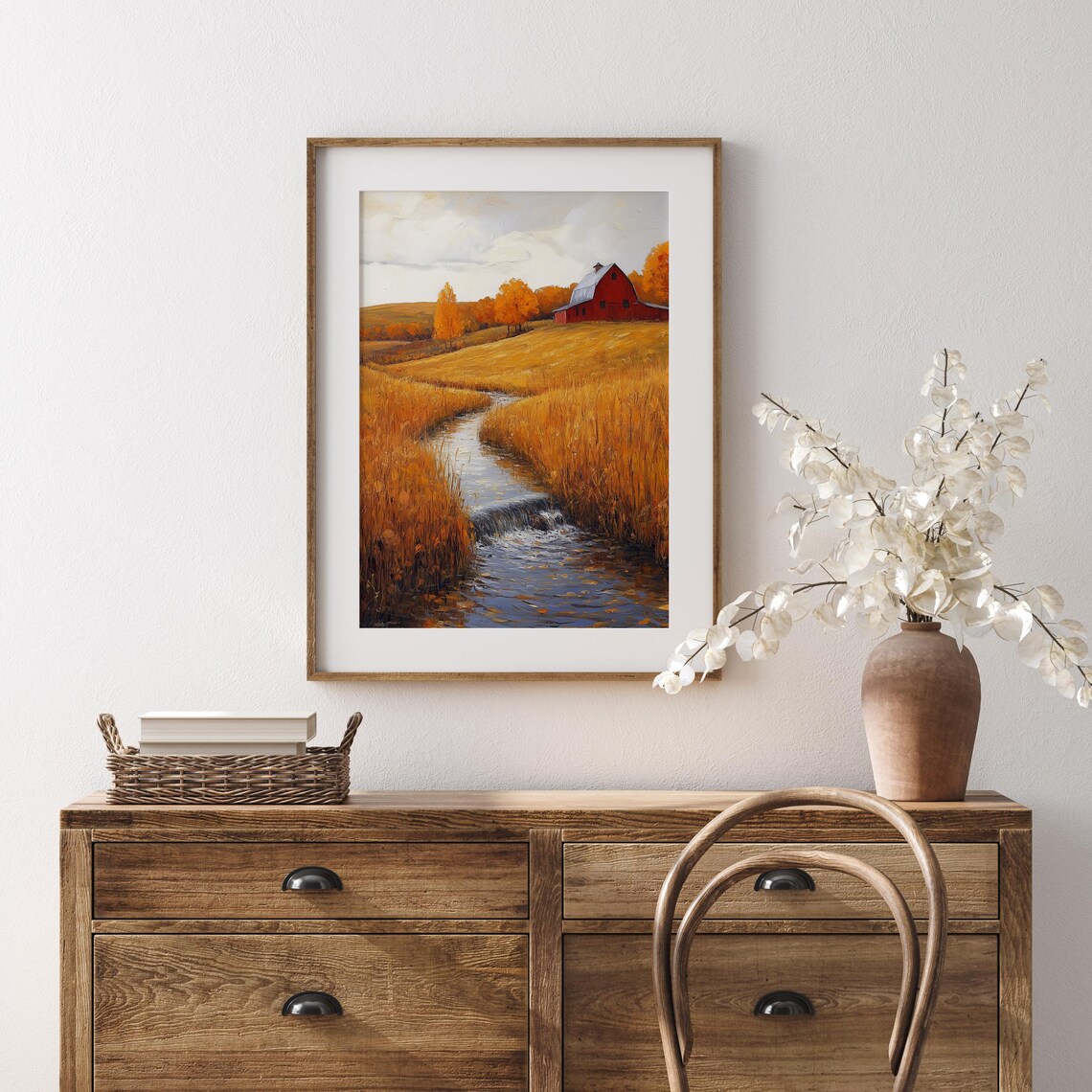 Red Barn Beside Winding Stream Flowing Through Golden Wheat Fields Wall Art - Image 5