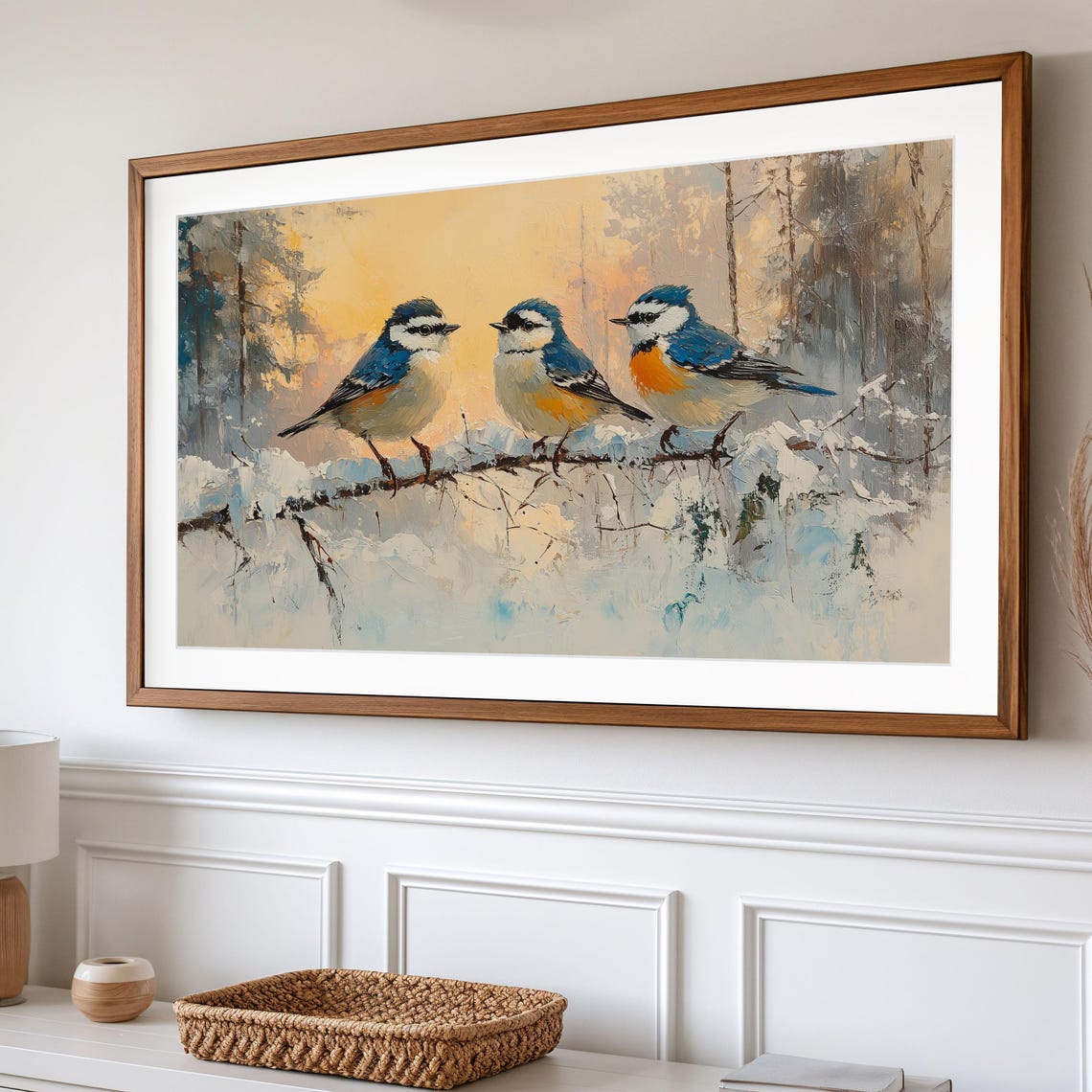 Nuthatch Trio On Snowy Branch At Golden Sunset Winter Bird Art Poster - Image 2
