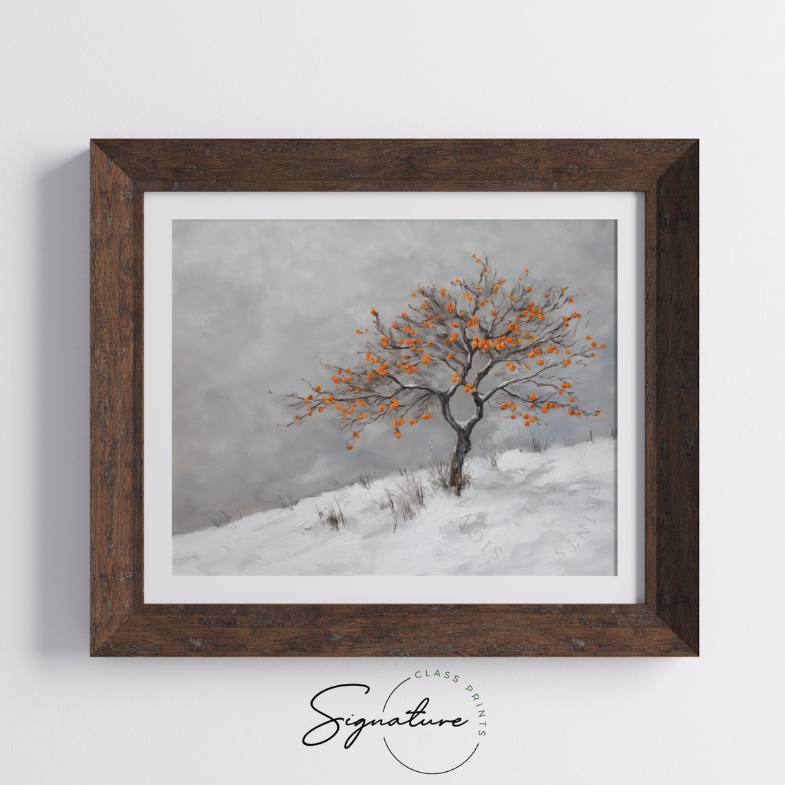 Lone Persimmon Tree With Orange Fruit Winter Snow Hillside Poster - Image 5