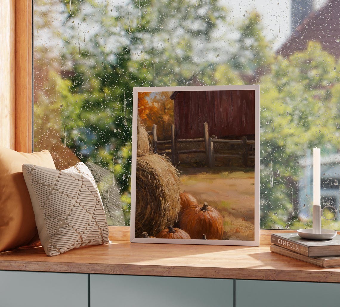 Fall Pumpkins Hay Bales Red Barn Wooden Fence Country Poster - Image 2