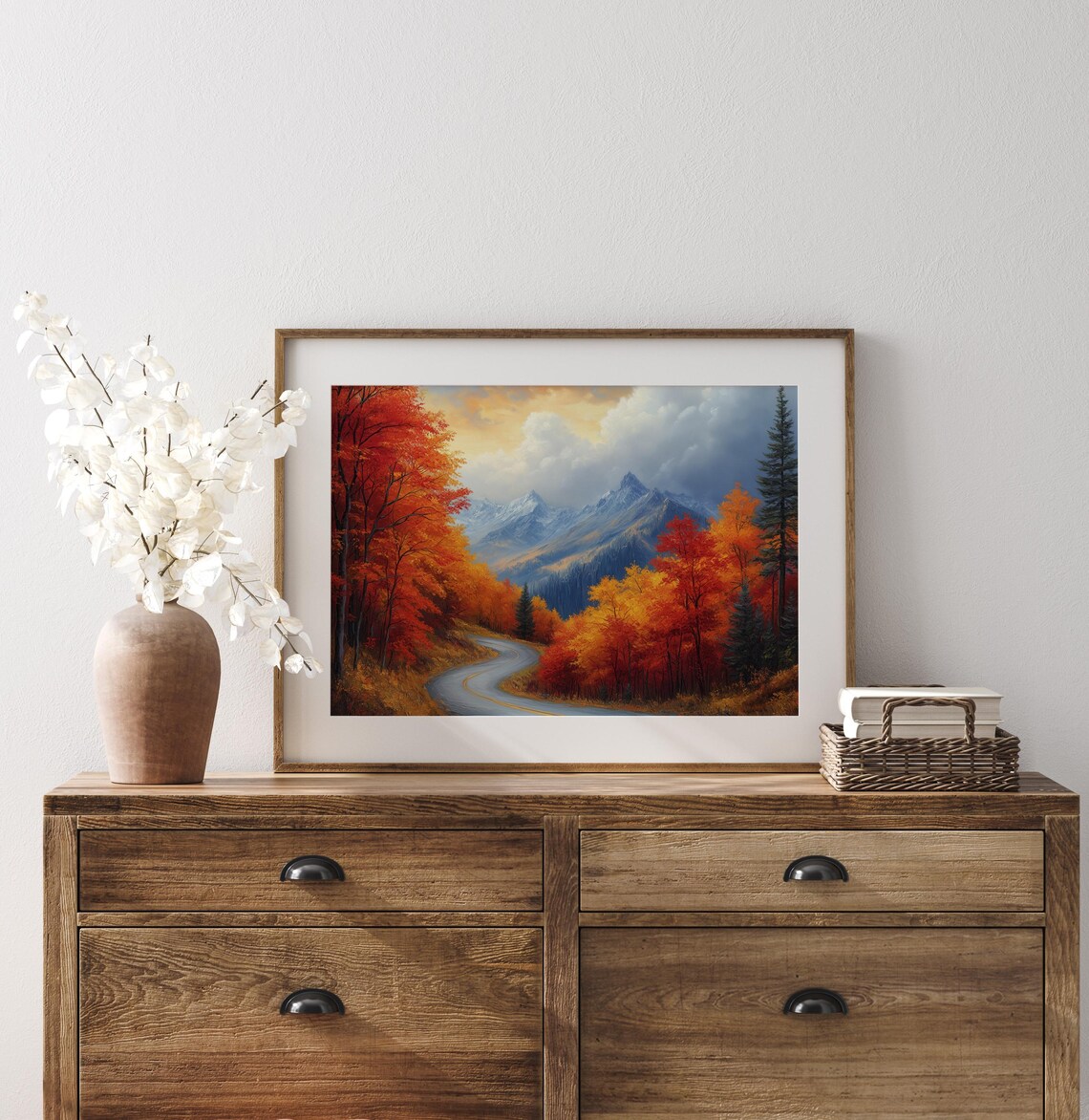 Winding Road Snowy Peaks Blazing Autumn Trees Oil Painting Poster - Image 3