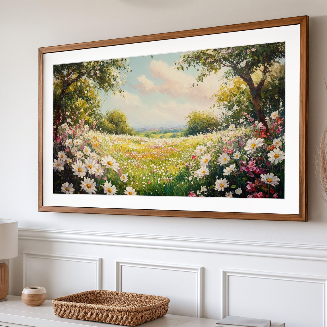 White Daisy Meadow In Bloom Spring Wildflowers Sunny Landscape Art Poster - Image 2