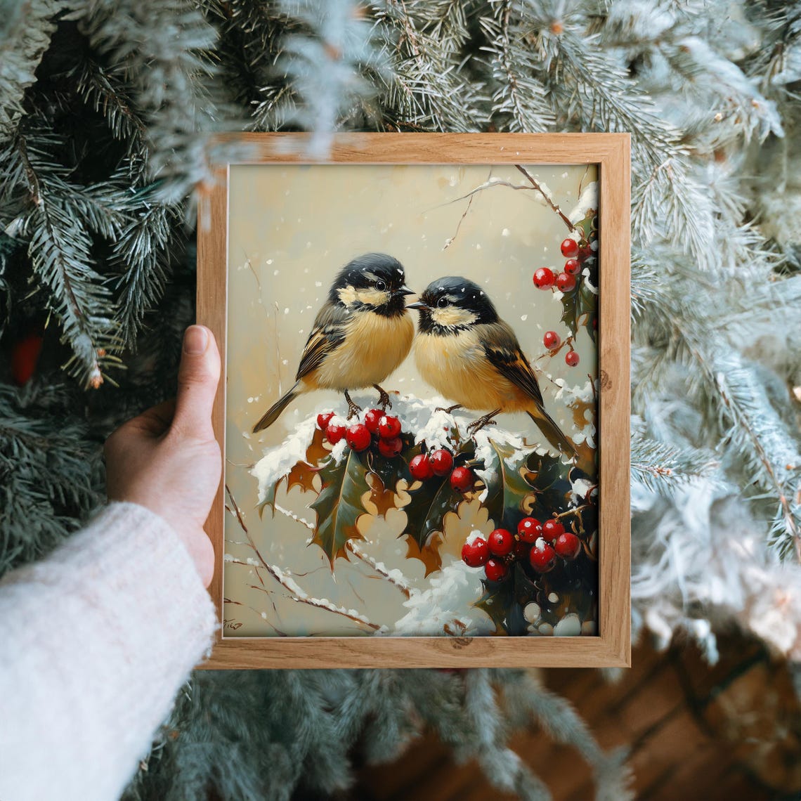 Two Chickadees With Holly And Berries On Snowy Branch Poster - Image 6
