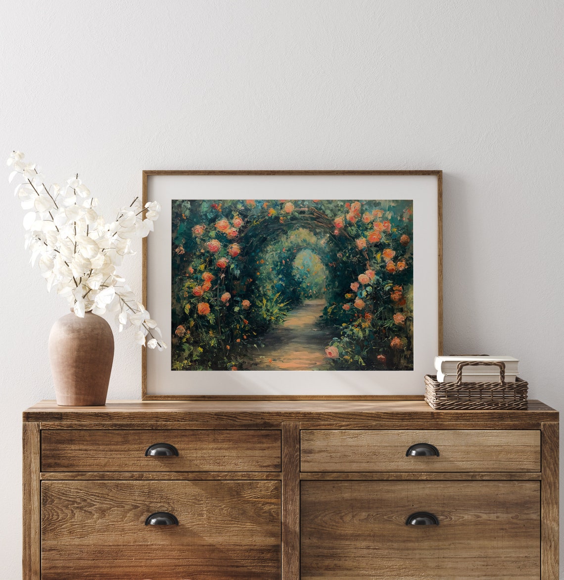 Impressionist Blooming Rose Arch Over Shady Garden Path Floral Poster - Image 3