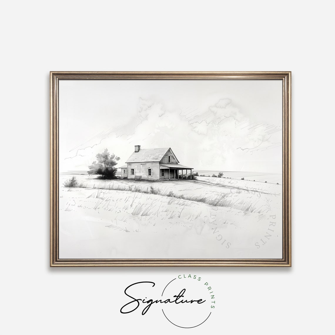 Old Farmhouse with Porch Pencil Sketch Rural Countryside Poster - Image 4
