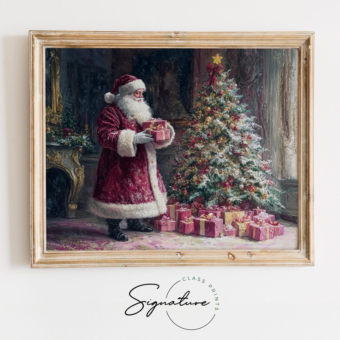 Santa Claus Holding Gifts Beside Christmas Tree Holiday Poster