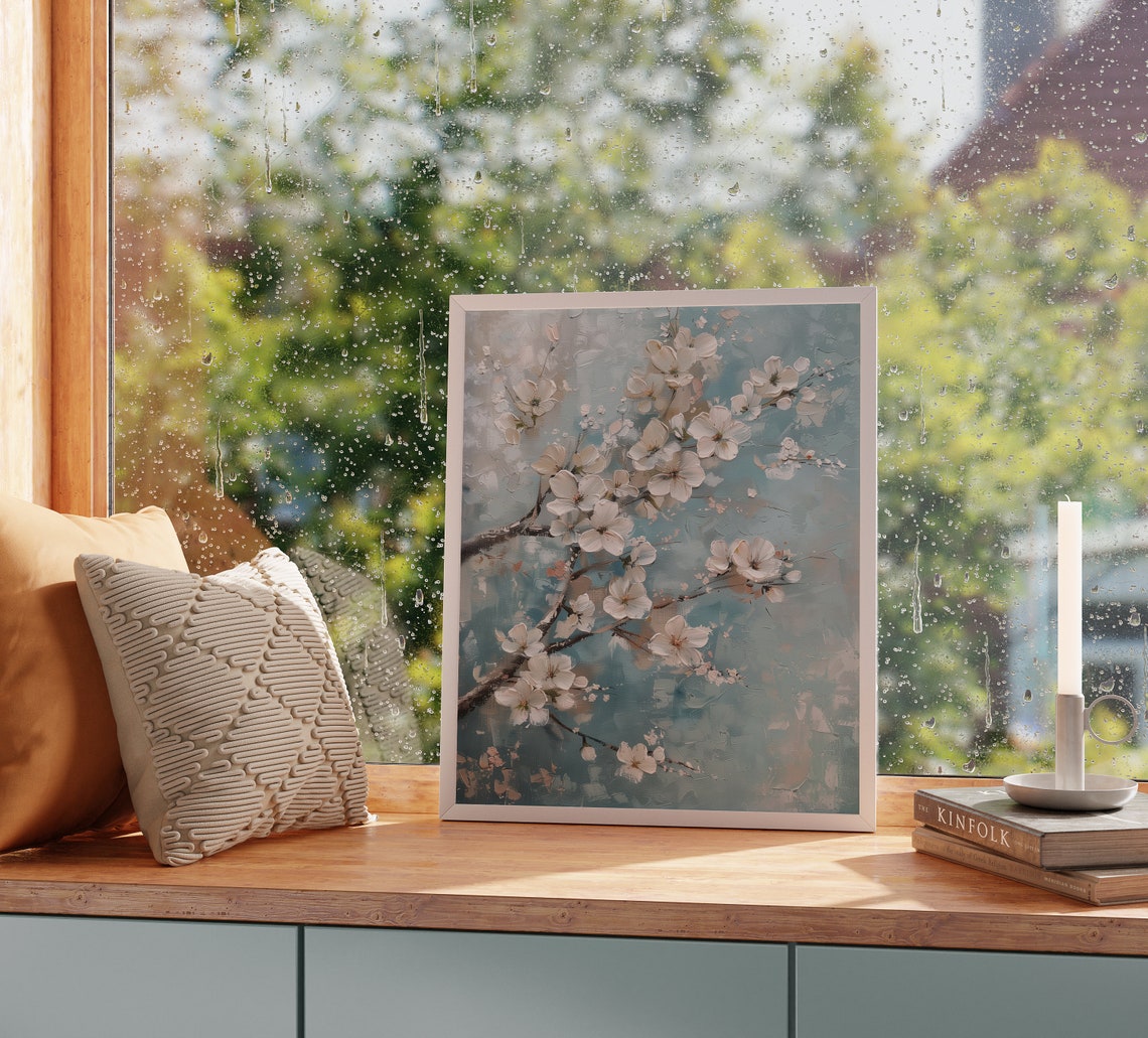 White Cherry Blossom Branch Teal Background Floral Art Poster - Image 2