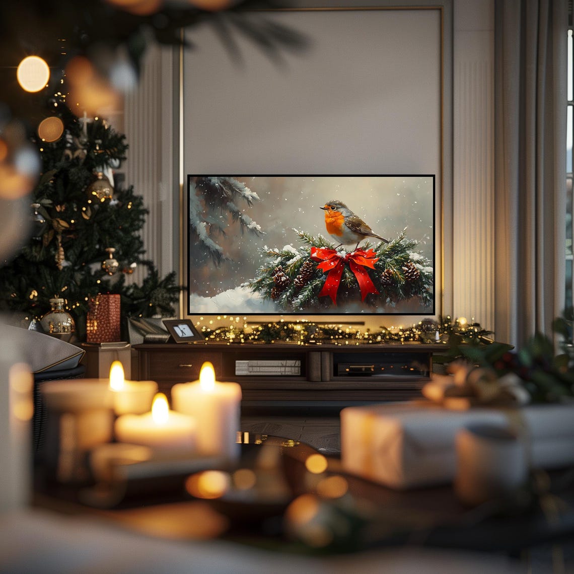 Robin Resting on Snowy Fir Garland With Red Bow Holiday Bird Poster - Image 6