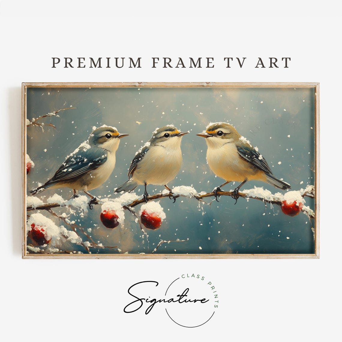 Three Tiny Songbirds Snowy Branch Red Berries Winter Art Poster