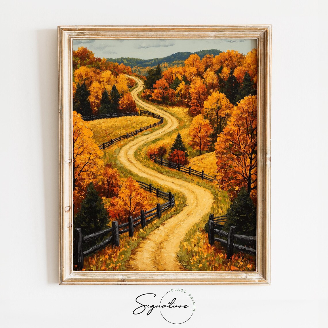 Winding Fence Road Autumn Forest Hilltop Scenic Painting Print