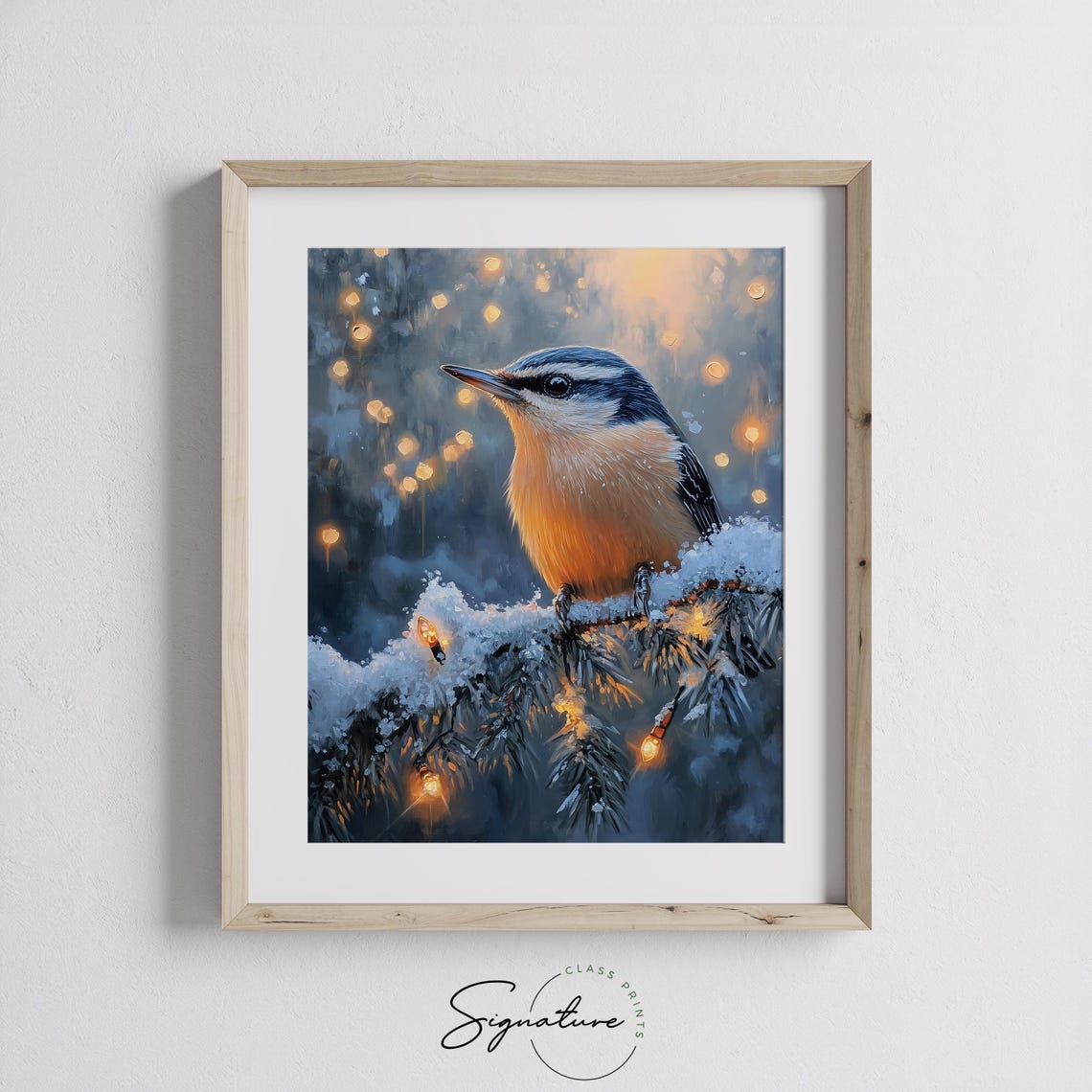 Nuthatch On Snowy Branch With Christmas Lights Festive Bird Poster - Image 3