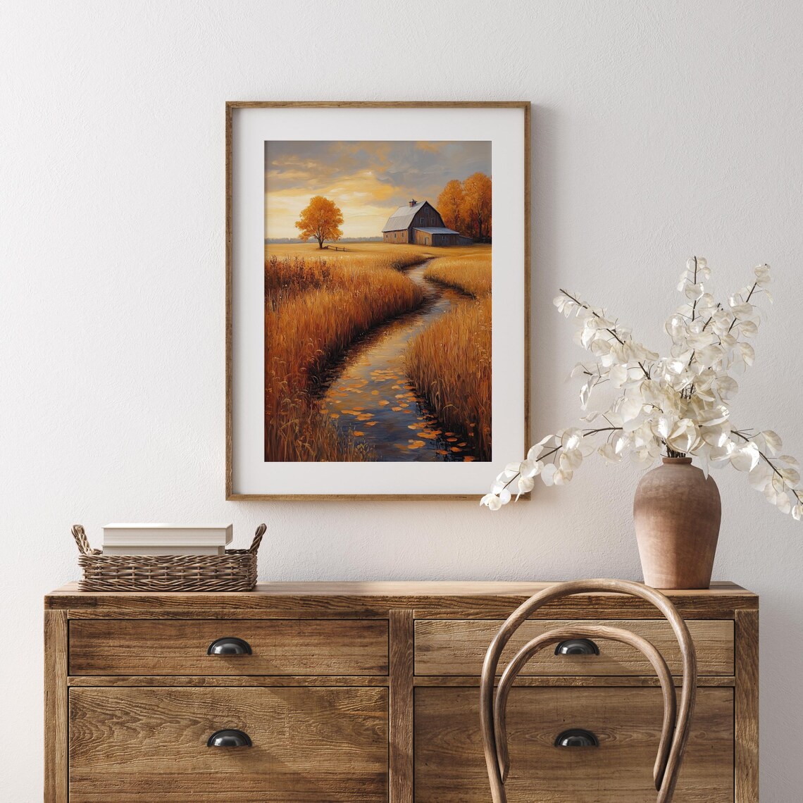 Gray Wooden Barn Beside Winding Stream Through Wheat at Sunset Wall Art - Image 5