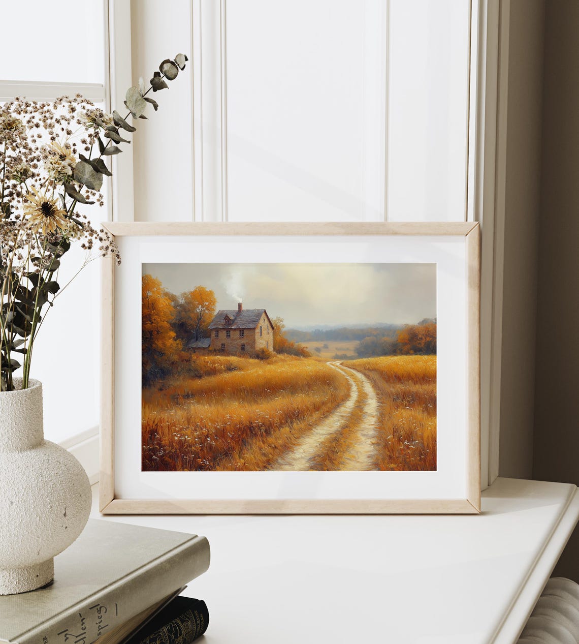 Old Stone Farmhouse Golden Wheat Field Winding Country Path Print - Image 6