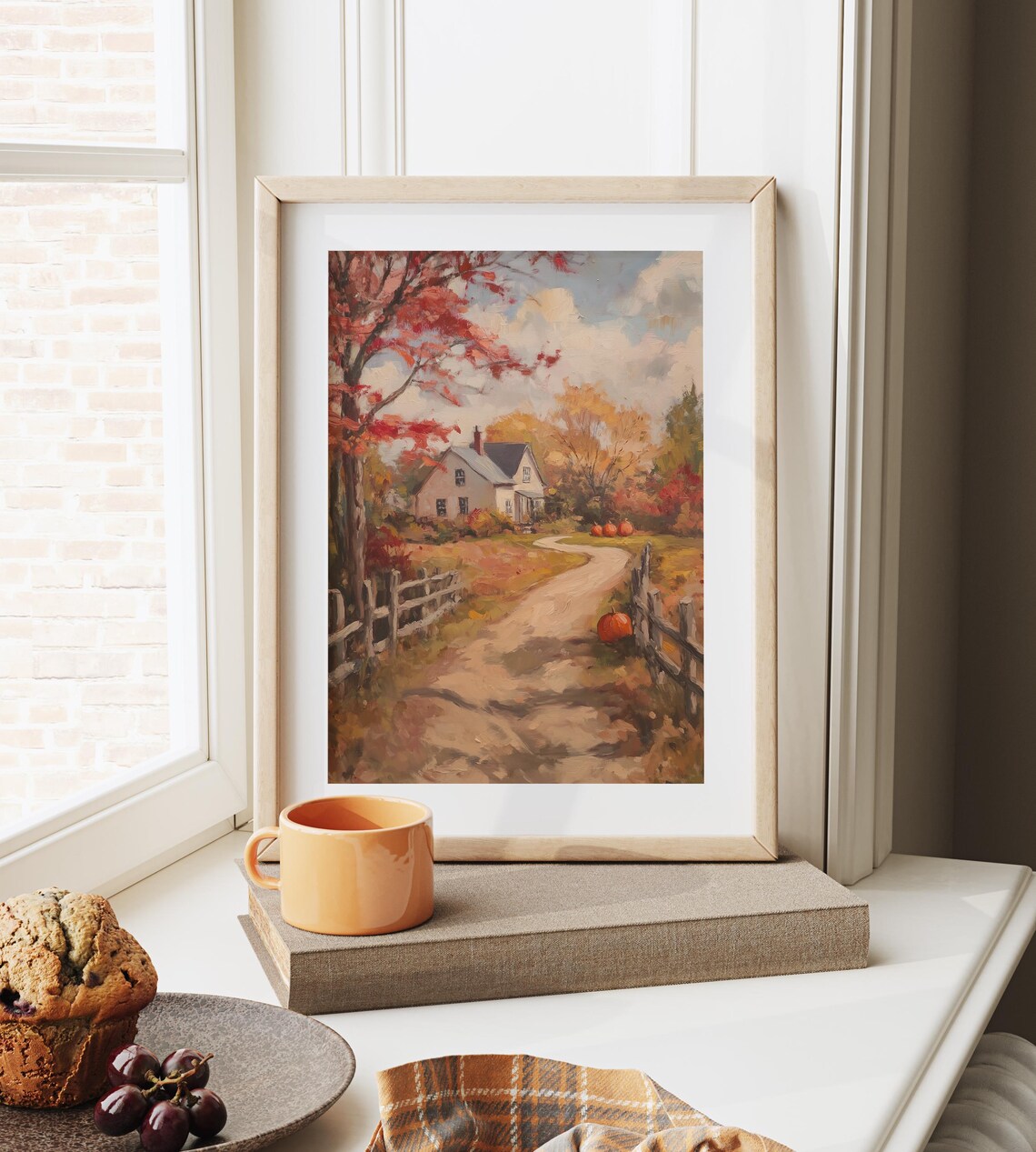 Autumn Country Lane with Farmhouse Split Fences and Pumpkins Poster - Image 6